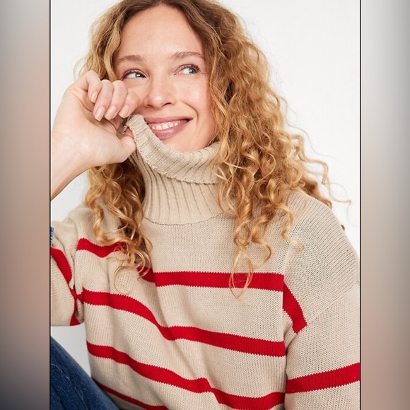 Old Navy Turtleneck Tunic Sweater – Size Large | Tan & Red Stripe | 100% Cotton - Picture 3 of 11